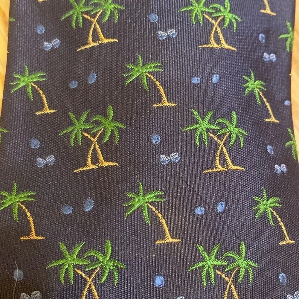 J Crew 100% Silk USA Made Tie Navy Blue Green Palm Trees